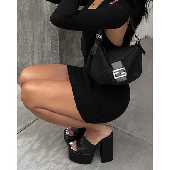 STEVE MADDEN TRIXIE BLACK LEATHER PLATFORM BLOCK HEEL SANDALS SIZE 9.5 - Picture 1 of 12